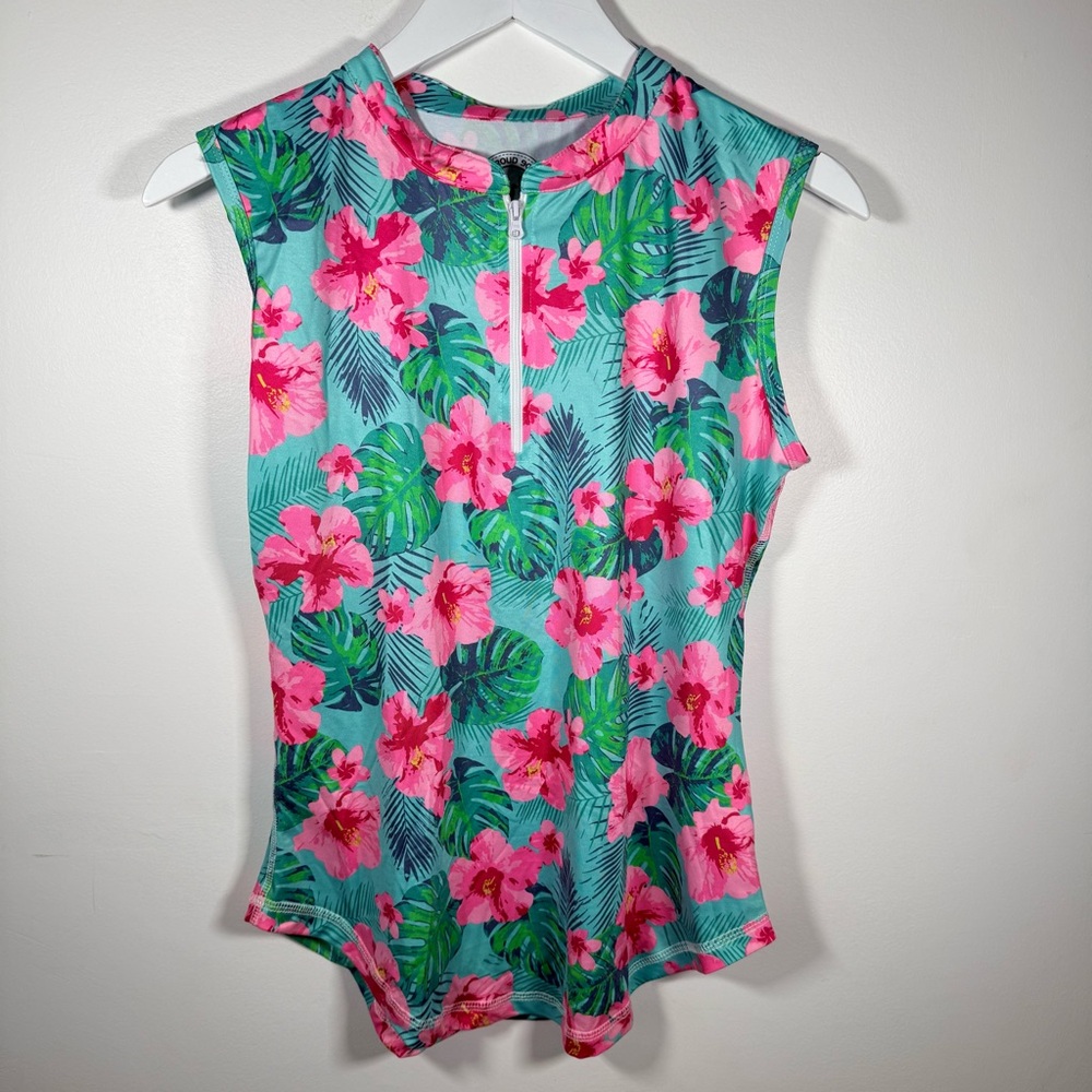 Proud 90 Women’s Tropical Floral Sleeveless Golf Polo Top – Size Medium